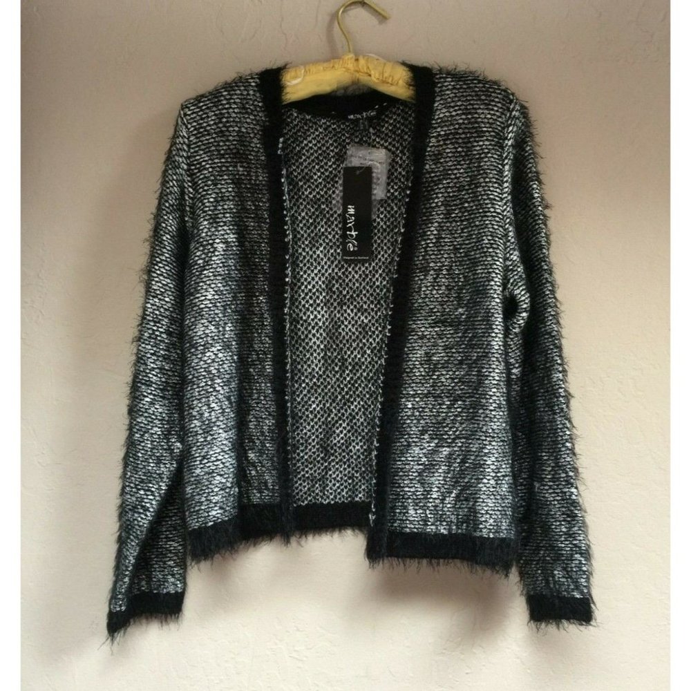 New MARBLE Cardigan 5435-104 Womens Small Black White Open Front Long Sleeve